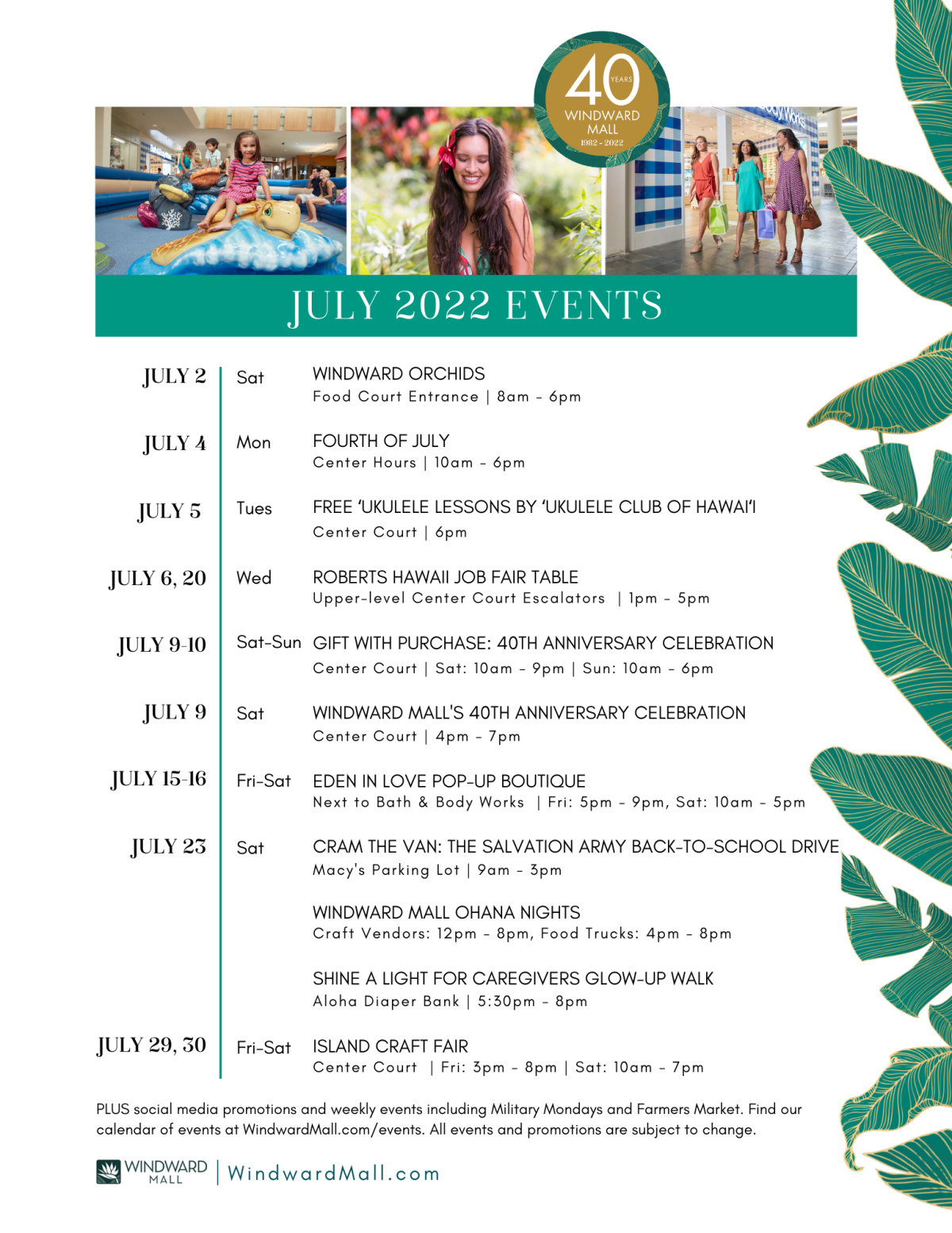 Printable Calendar of Events Windward Mall
